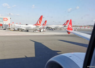 Вид из окна на самолеты Turkish Airlines