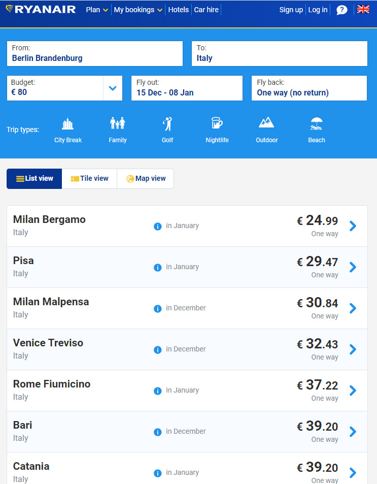 Дешевые авиабилеты Ryanair на рождественские каникулы