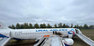 Airbus A320 с регистрацией RA-73805 после посадки на пшеничном поле в Новосибирской области