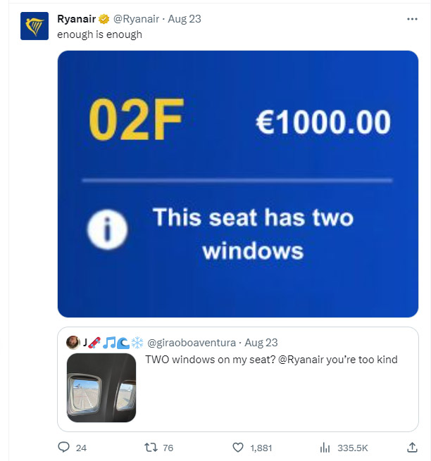 Ryanair троллит пассажиров. Скриншот из социальной сети twitter