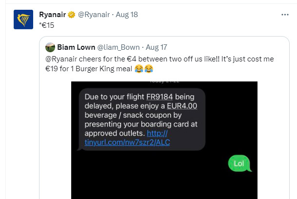 Ryanair троллит пассажиров. Скриншот из социальной сети twitter