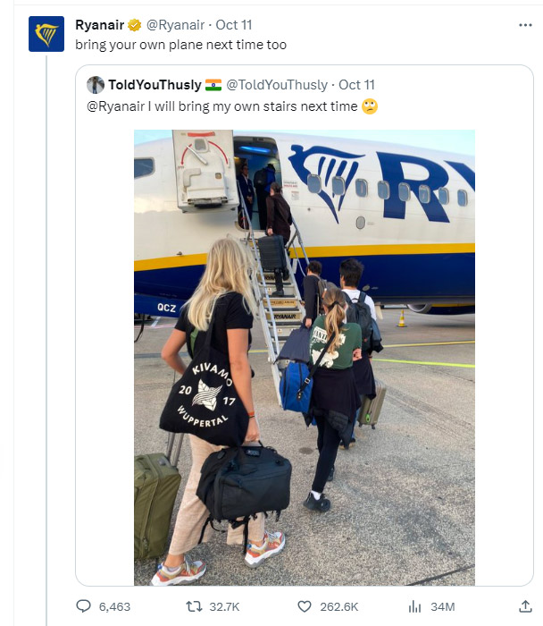 Ryanair троллит пассажиров. Скриншот из социальной сети twitter