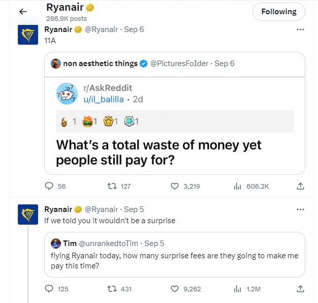 Ryanair троллит пассажиров. Скриншот из социальной сети twitter