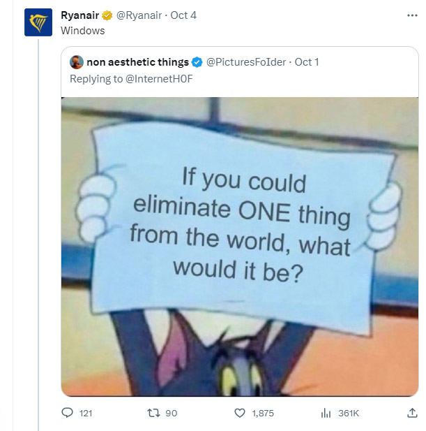 Ryanair троллит пассажиров. Скриншот из социальной сети twitter