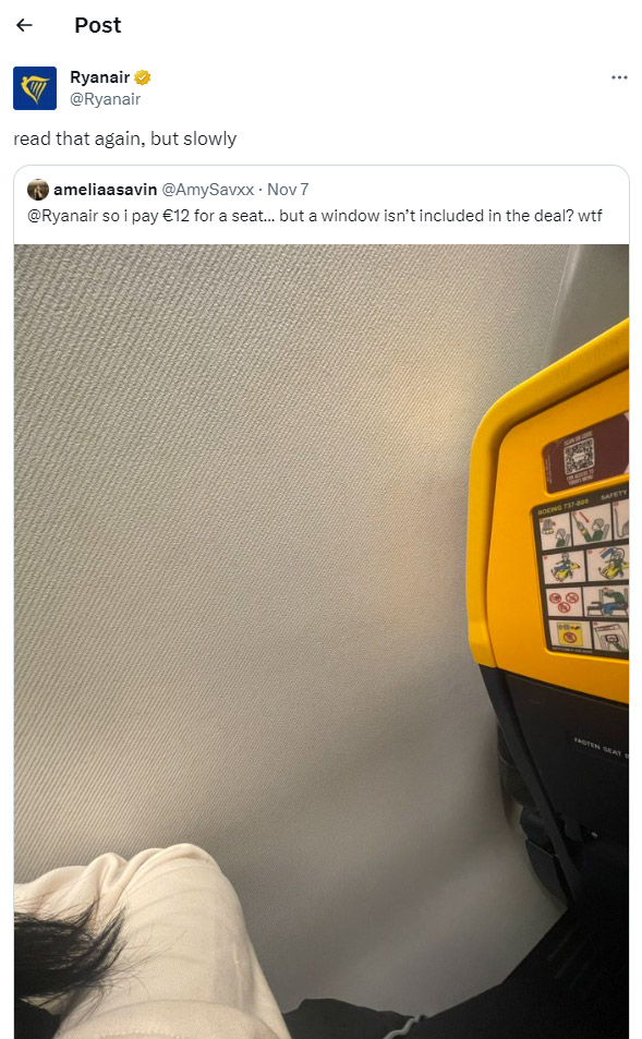 Диалог возмущенного пассажира, который получил место без окна, и лоукостера Ryanair в сети Twitter