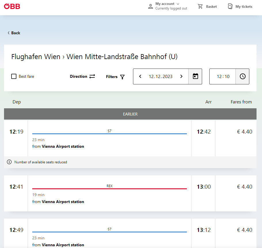 Пример бронирования билетов на поезд от аэропорта Вена в центр города на сайте ÖBB