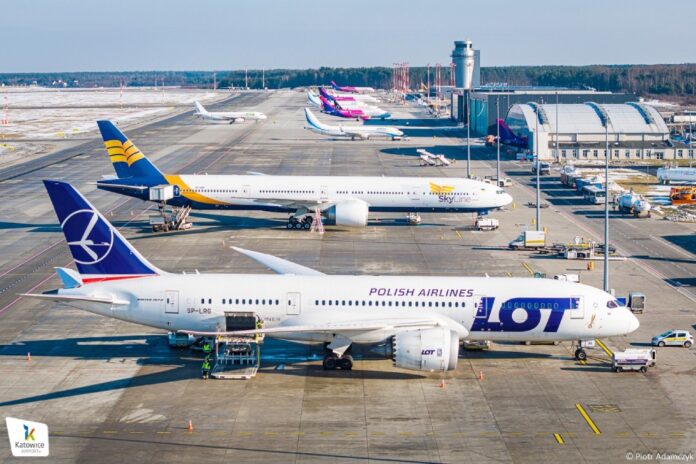 Boeing 777-300ER UR-AZR Skyline Express в аэропорту Катовице