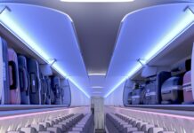 Иллюстрация салона Airspace cabin в Airbus A220 с увеличенными полками для ручной клади и новым освещением