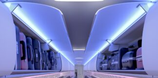 Иллюстрация салона Airspace cabin в Airbus A220 с увеличенными полками для ручной клади и новым освещением