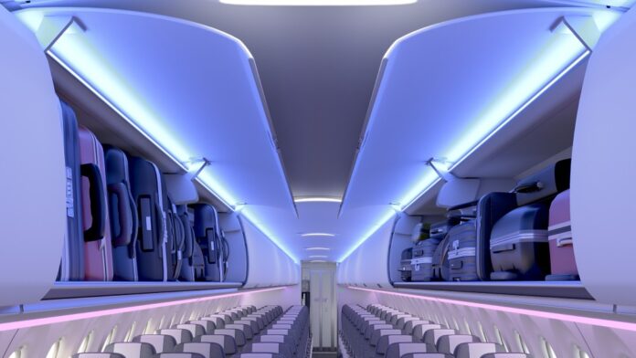Иллюстрация салона Airspace cabin в Airbus A220 с увеличенными полками для ручной клади и новым освещением