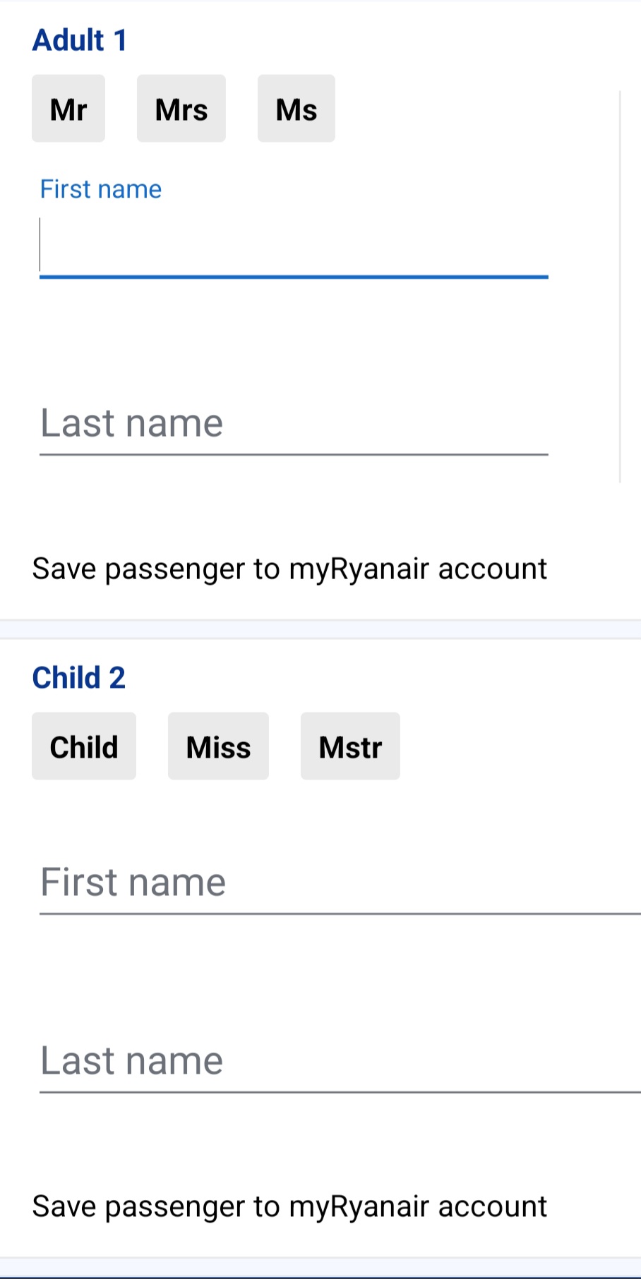 Пример заполнения данных в приложении Ryanair при покупке авиабилетов на взрослого и ребенка