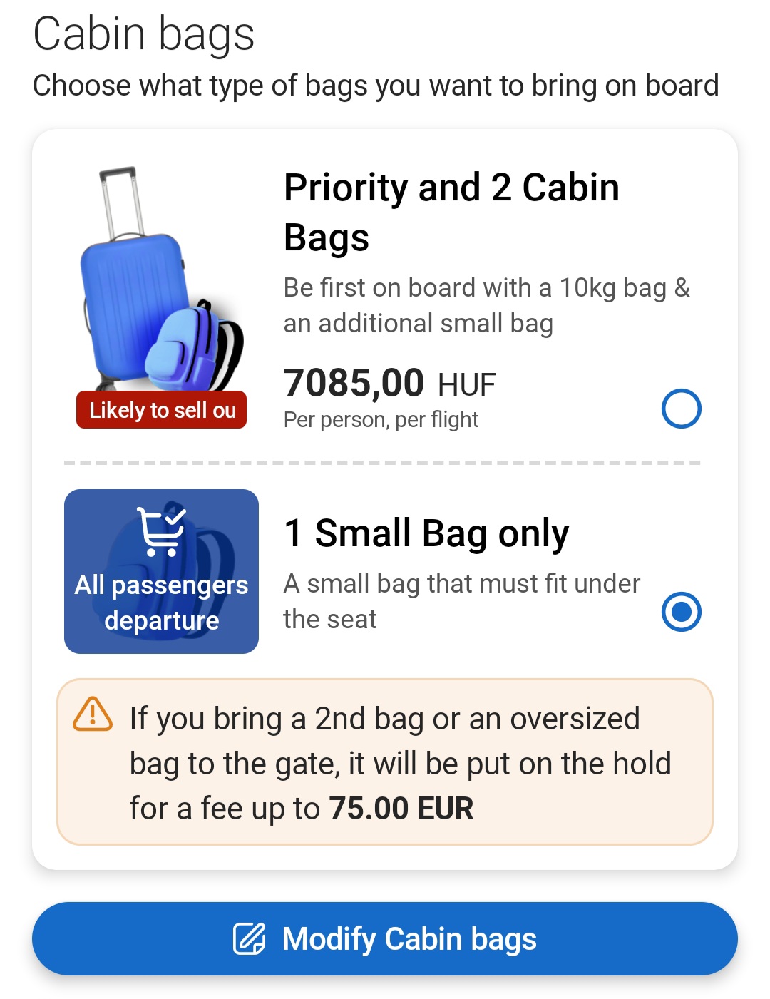 Выбор ручной клади Ryanair