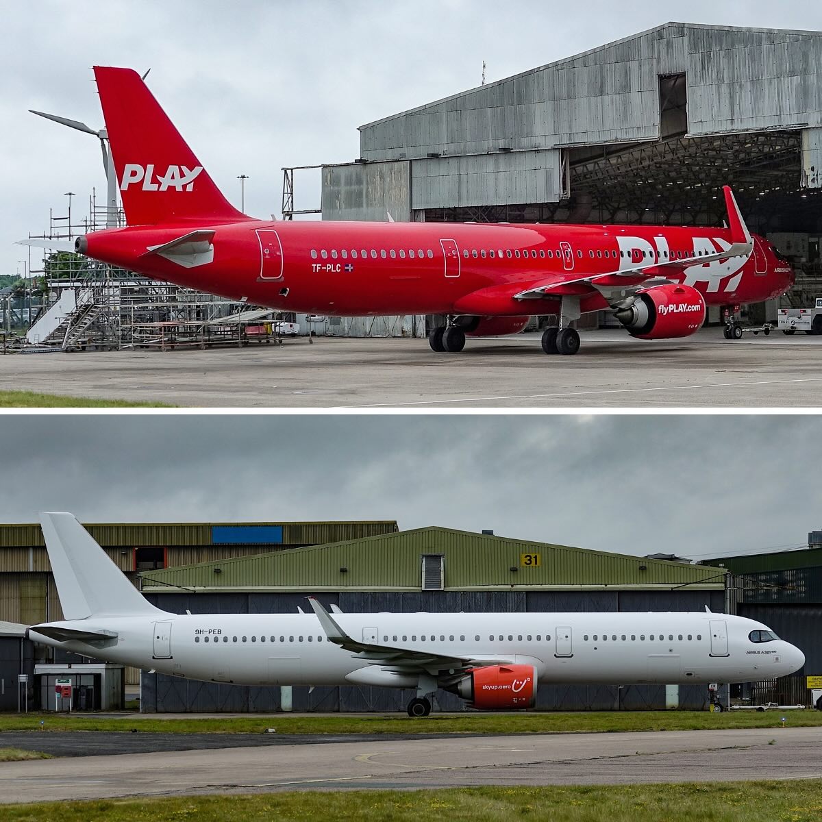 Airbus A321neo PLAY с мальтийской регистрацией 9H-PEB. До перекраски и после перекраски для работы на рейсах SkyUp. Фото: Airbourne Colours Ltd