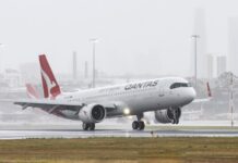 Airbus A321 XLR Qantas приземляется в Сиднее