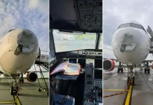 Поврежденный градом нос самолета Airbus A321neo 9H-PEB
