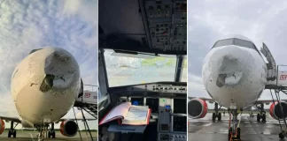 Поврежденный градом нос самолета Airbus A321neo 9H-PEB