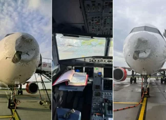 Поврежденный градом нос самолета Airbus A321neo 9H-PEB